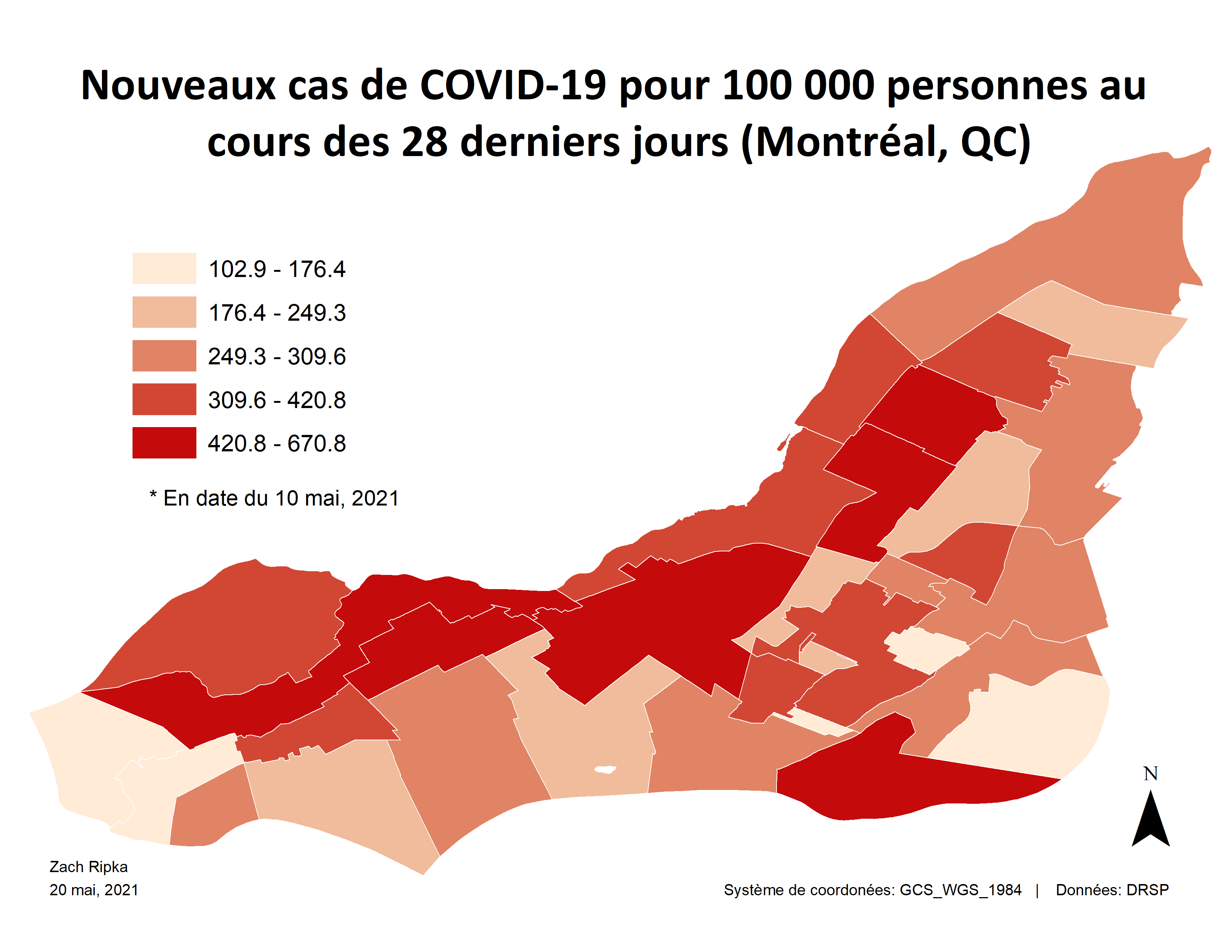 a map showing COVID-19 infection rates across the island of Montreal
