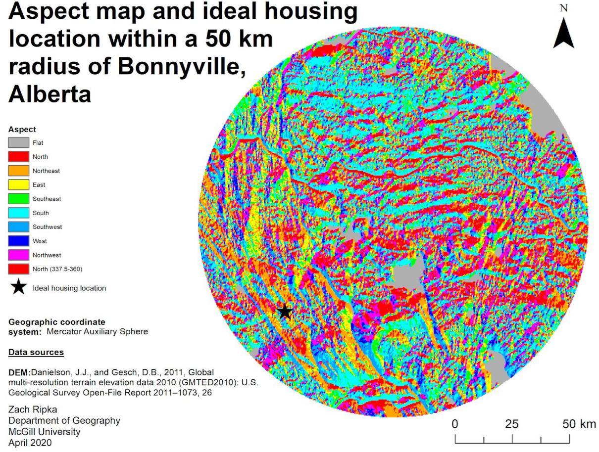 a map showing aspect near Bonnyville Alberta